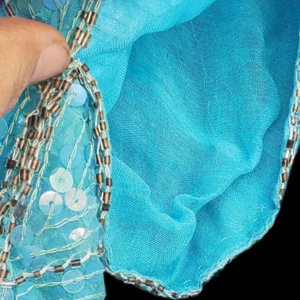 Butterfly Sequin Top Beaded 70s Disco Glam Blue Turquoise Green - Picture 9 of 10